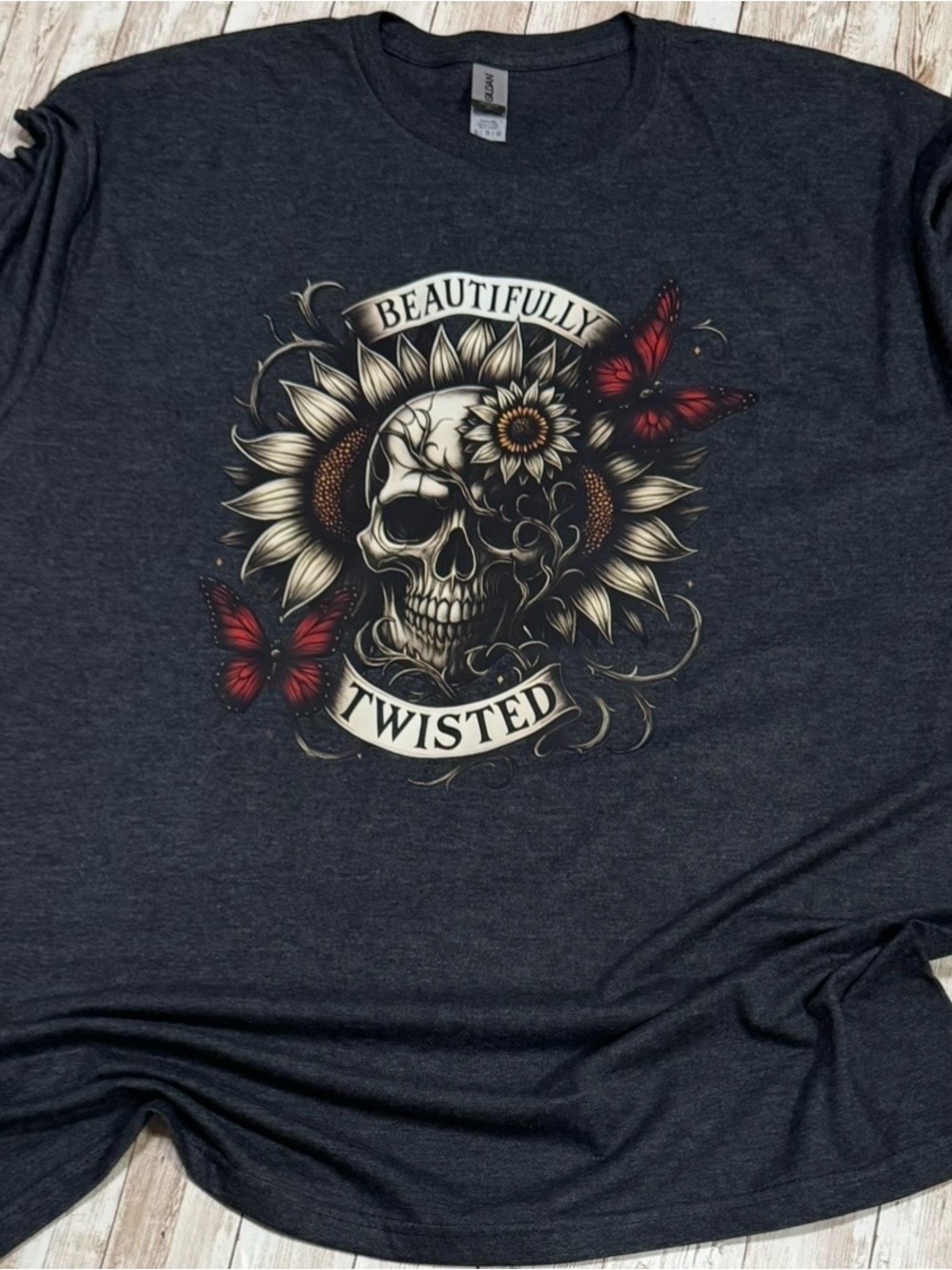 Dark Charcoal 'Beautifully Twisted' Skull Sunflower Butterfly Graphic Shirt XL